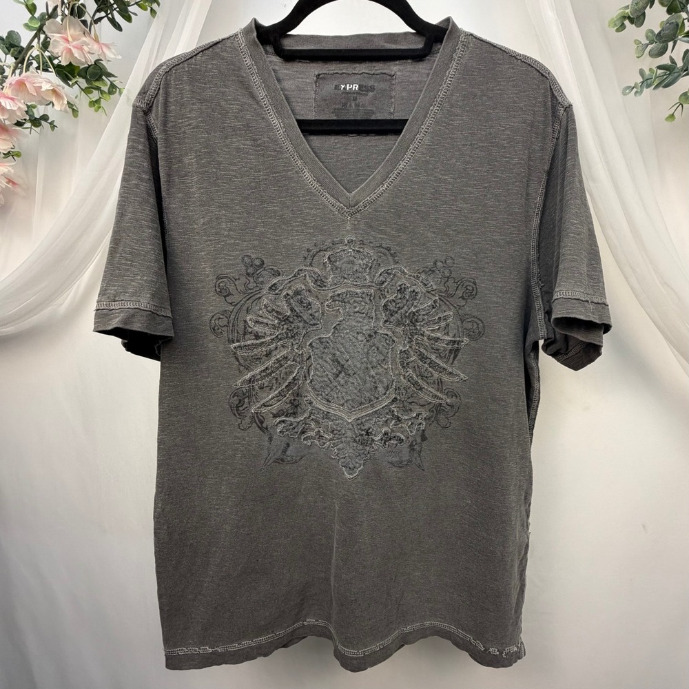 Express Mens V-Neck Graphic Crest T-Shirt Charcoal Gray Slub Knit Size M